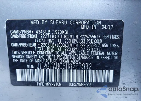 2017 Subaru Crosstrek 2.0I Premium from USA, damaged, VIN JF2GPABC5H8263932